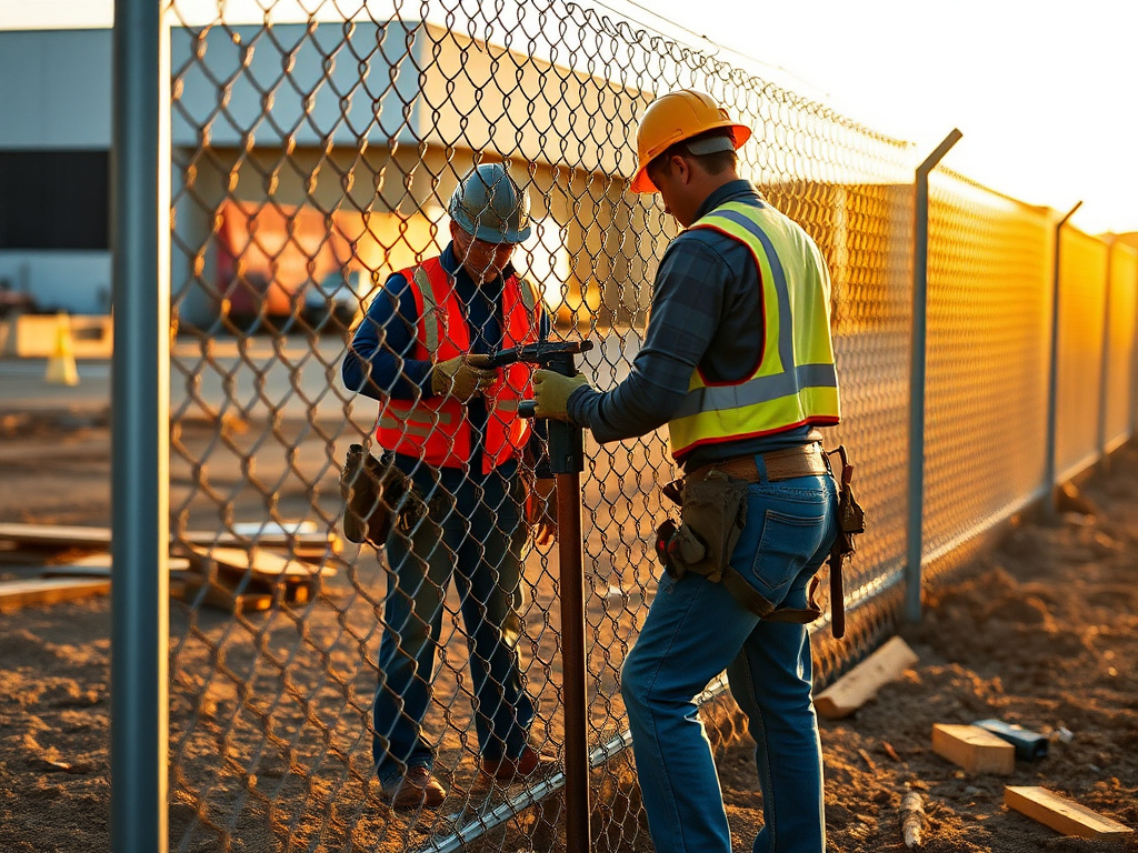 Fencing crew installing a chain-link fence panel on a commercial job site